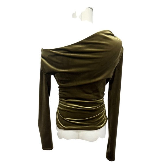 Abercrombie & Fitch XS GOLD/Green Asymmetrical Shoulder Ruched Long Sleeve Top - Picture 6 of 12